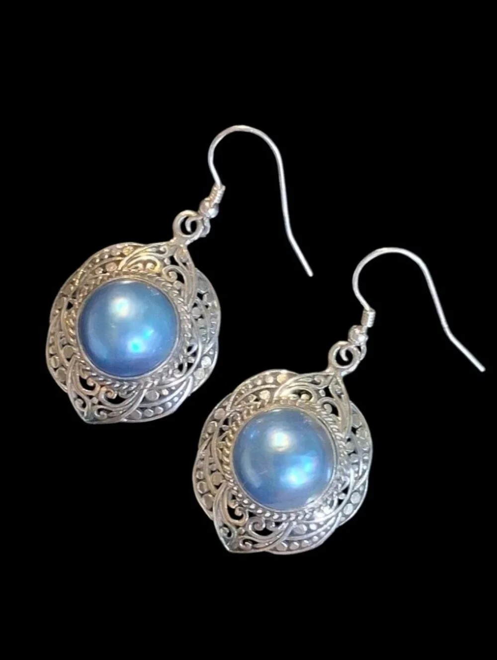 Cultured Blue Mabe Pearl Sterling Silver Dangle Drop Earrings Balinese Style